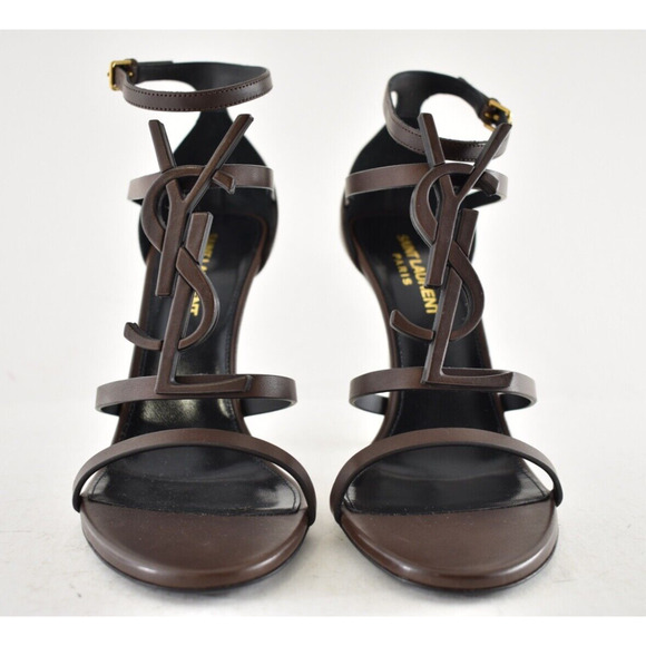 Saint Laurent Cassandra Tmoro Brown Leather YSL Logo Strappy Sandal Heel Pump 37 - Picture 9 of 15